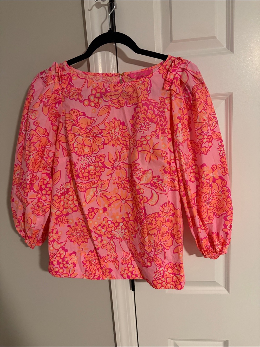 Lilly Pulitzer Pink and Orange Floral Puff-Sleeve Blouse